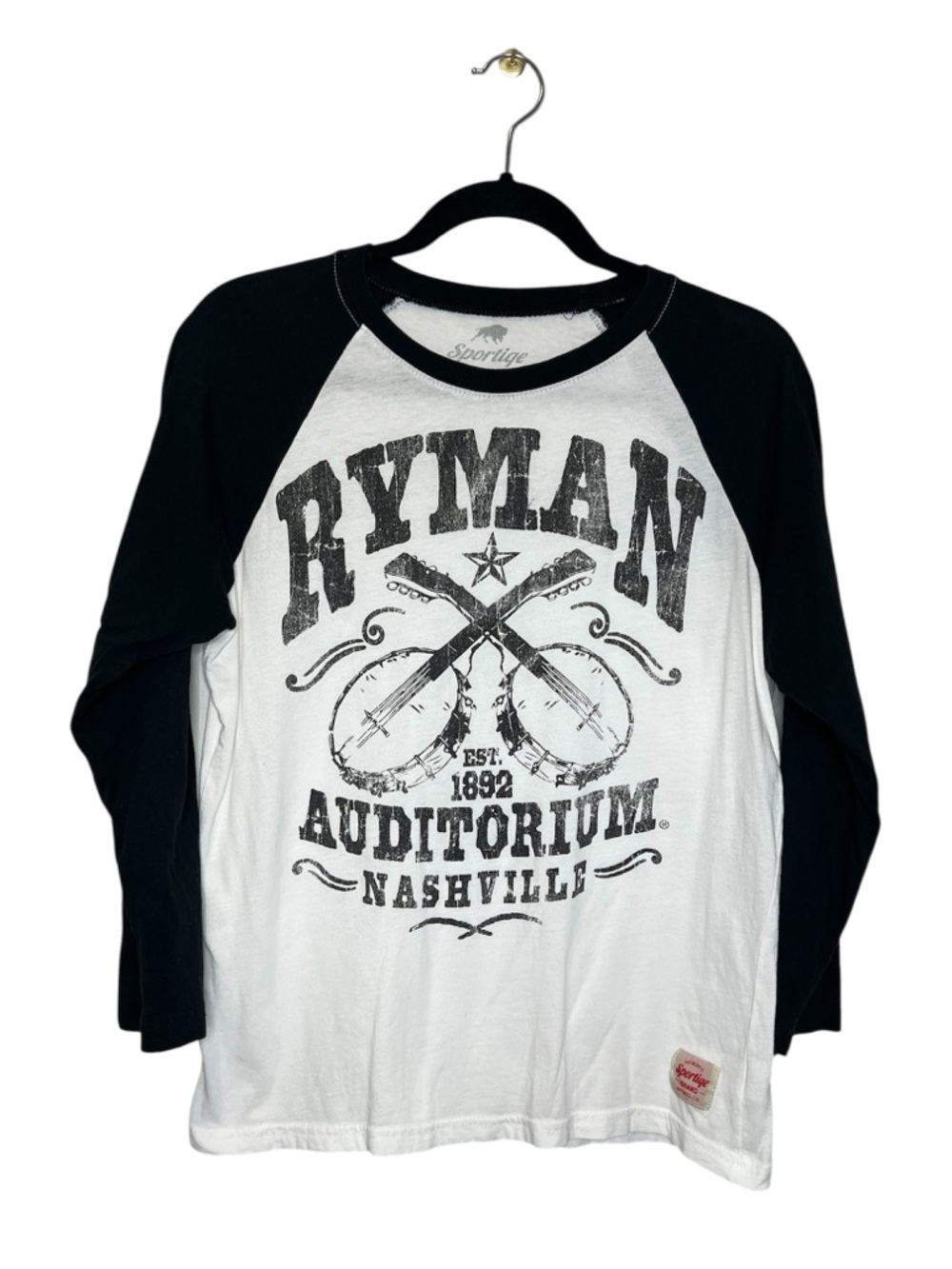 Country Music Ryman Auditorium Nashville Banjo Raglan Sleeve Tee size Small